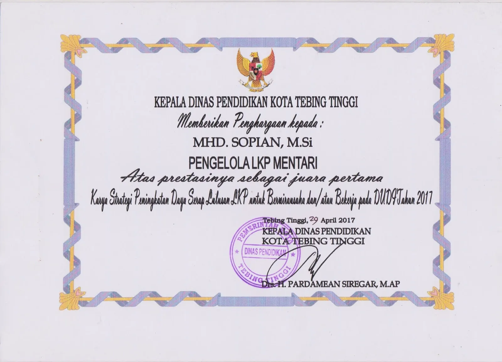 Juara I Pengelola LKP Tingkat Kota Tebing Tinggi
