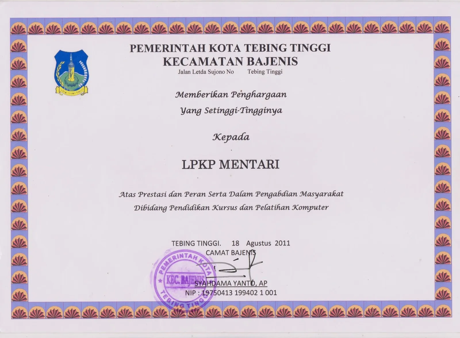 Penghargaan dari Kecamatan Bajenis